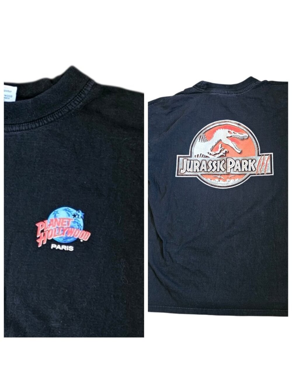VTG 90s Jurassic Park‎ Tshirt Planet Hollywood Paris Sz L Black Dinosaur 1998
